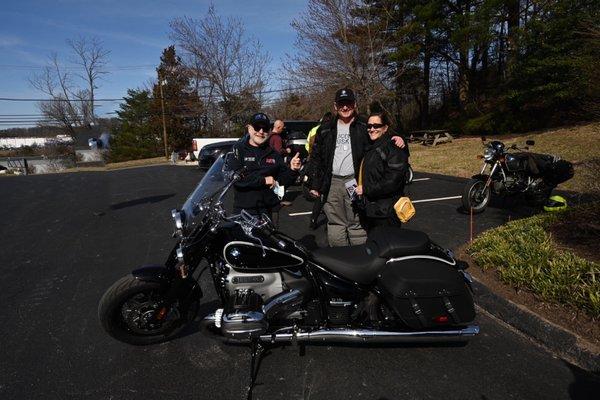 New 2021 BMW motorcycle R1800C customer Amy with husband Chris, and Bob H. (our first Female R1800 rider !)