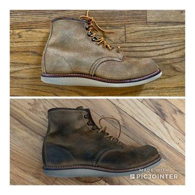 Here's my Muleskinner Red Wing Rovers. After is on top (of course) and bottom is before.