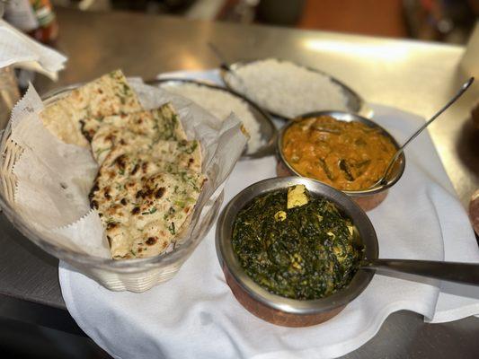 Garlic Naan, Saag Paneer, Navratan Korma