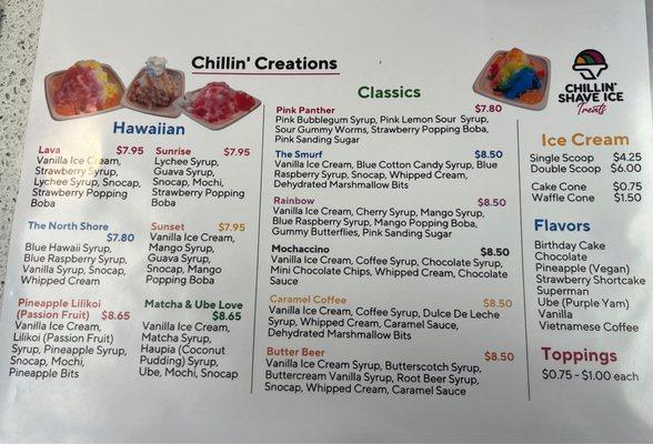 Menu of shaved ice creations and ice cream