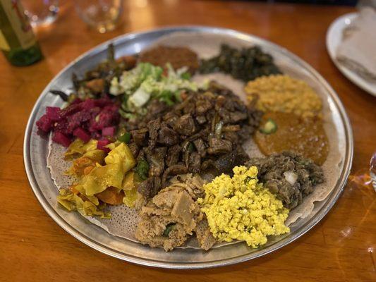 Vegetarian platter with ribeye tibs