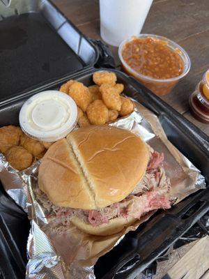 Jumbo pulled pork sandwich Baked Beans Corn Nuggets