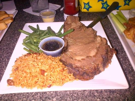 Prime rib green beans seasoned rice main course so good steak tender & juicy green beans fresh & seasoned rice excellent