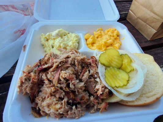 Double meat pulled pork with potato salad and Mac and cheese