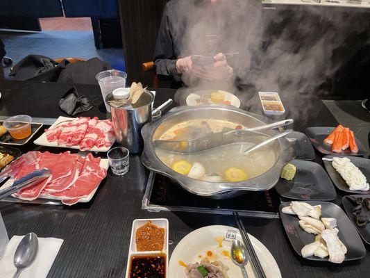 Two-Flavor Hot Pot Strainer, Trumpet Mushroom, Crabmeat Stick, Udon Noodle, Corn