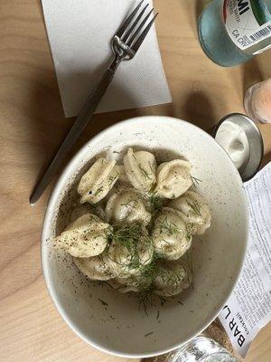 PELMENI ORGANIC PORK DUMPLINGS, DILL, VINEGAR, SOUR CREAM