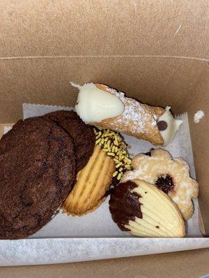 Brownie cookies, raspberry cookie, cannoli