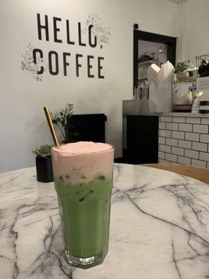 Raspberry cold foam iced matcha