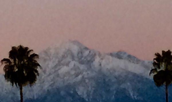 Cucamonga Peak viewed from Montclair Plaza as twilight approaches.