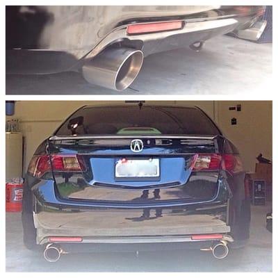 Had two MagnaFlow mufflers and tips installed here as well as two Vibrant resonators