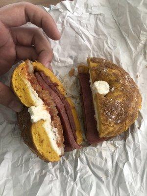 Pork Roll, hash brown, cream cheese, salt, pepper, ketchup on a French Toast Bagel.