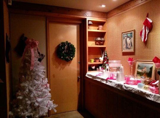 Self-service pantry at Guest Quarters of the cabin lodging area.  Warm and cozy with the holiday decorations.