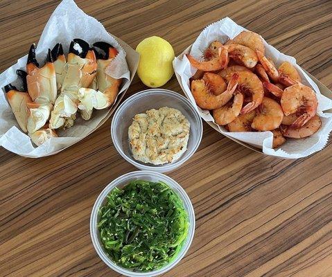 Jonah Crab Claws, Crab Cake, Cajun Shrimp and Seaweed Salad.