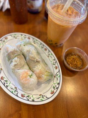 spring rolls with pork and shrimp and thai tea boba