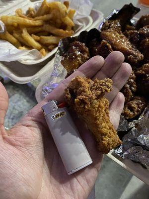 Perfectly cooked Wings, and the good small ones too! Not the big big ones looking like they came out the gym! (Mini bic for reference) lol