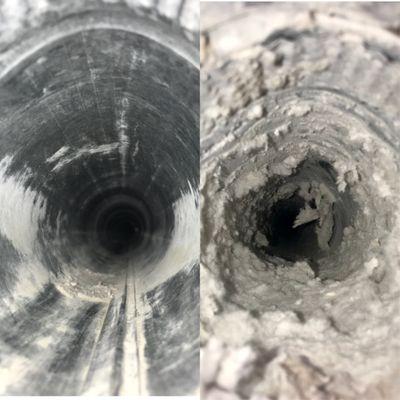 detailing cleaning of a Dryer Vent . After and before from left to right.