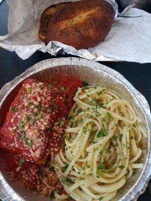 Eggplant Neapolitan - comes with pasta aglio e olio (garic and oil) and garlic bread. Delicious!