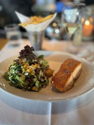 Roasted Salmon with Pine Room Salad, French fries and Frank Family Chardonnay.