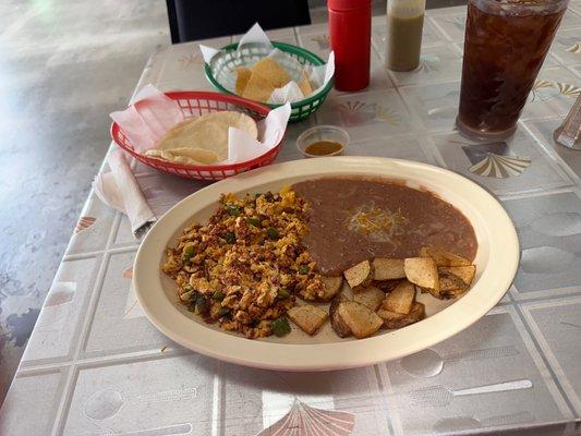 Chorizo Con Huevo with chopped Jalepenos