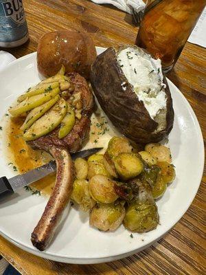 Candy apple pork chop, Brussels sprouts, baked potato, roll