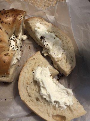 Everything bagel with cream cheese lacking both the everythingness and the cream cheese.