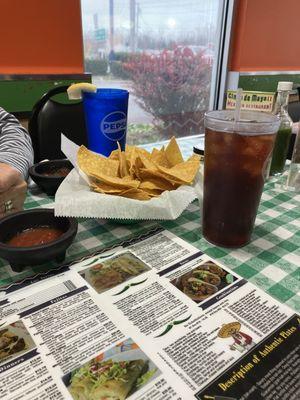 Any meals comes with corn chips and mild salsa.
 Ice tea was a Very Large drink.