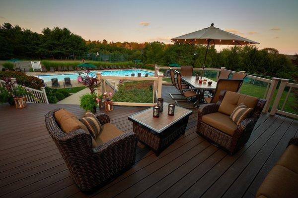 Resort style deck and pool with fitness center.