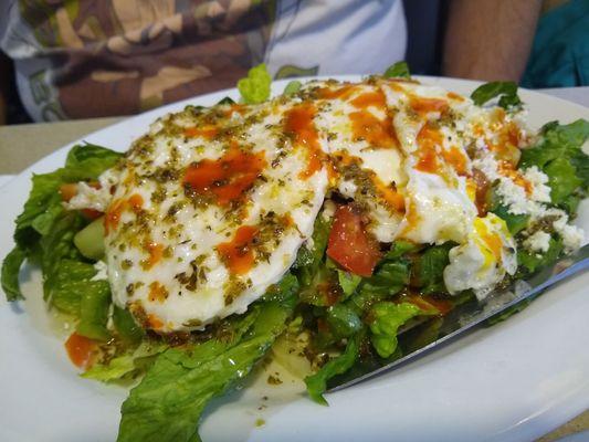 Early keto'tarian dinner with the hubbs. Greek salads and eggs over hard, put together to please. :-)