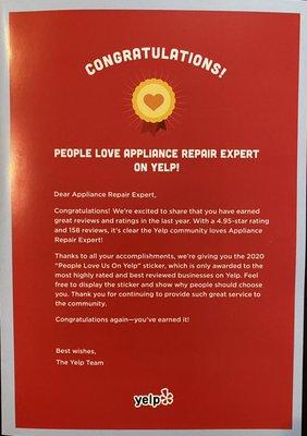 Certificate from Yelp