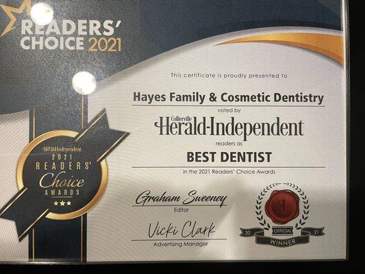 Best Dentist 2 years in a row! Thank you!