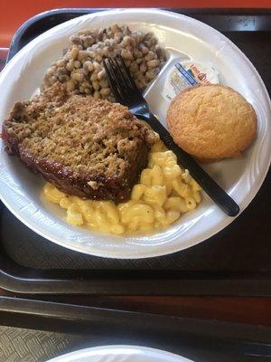 Meatloaf, Mac and cheese, purple peas and cornbread muffin