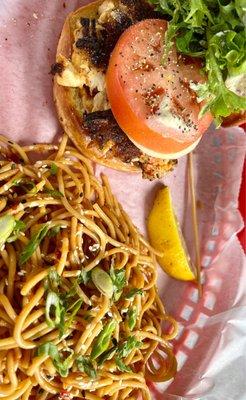 Crab cake sandwich w/ Thai noodles