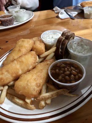 Beer Battered Cod with fries, baked beans, cole slaw, and rye bread.