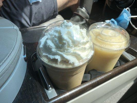 Frozen Cold Brew with Vanilla Bean Powder topped with homemade whipped cream & one Frozen Lemonade!