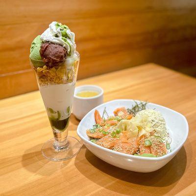 Matcha Mochi Parfait and Salmon Sashimi Don IG: michellelieats