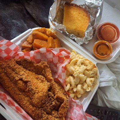 Catfish, mac n cheese, candied yams