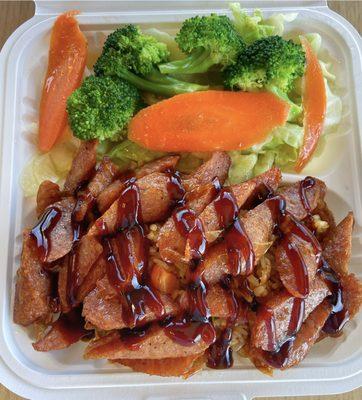 Pork sausage teriyaki plate with fried rice