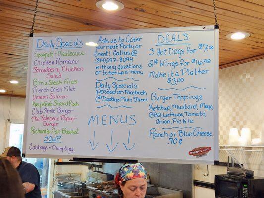 Menu board with daily specials. They also put their daily specials on Facebook.