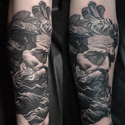 Poseidon tattoo done by Chris Burke in Milwaukee, Wi