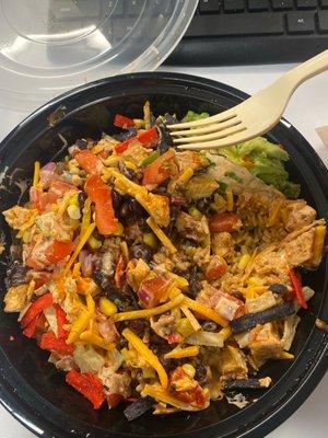 mexican avocado bowl +extra lime, roma tomatoes and tortilla strips. no green onion (pieces are cut too big for my liking).