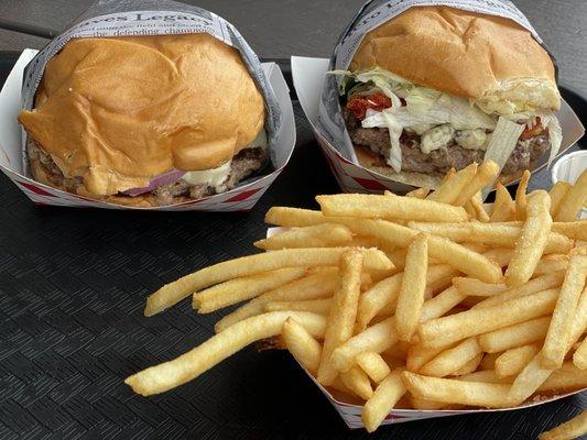 Bacon Burger, Blu Cheese Burger & fries