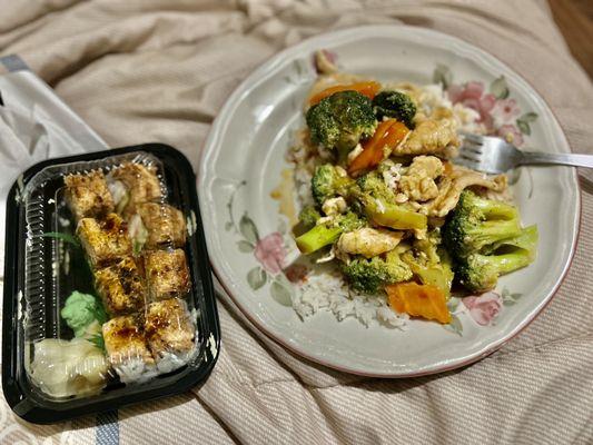 Dynamite Roll and Chicken with broccoli