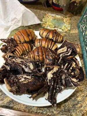 Sliced double babka and Rugelach.