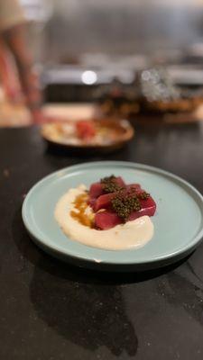 Caviar and tuna with a tahini sauce