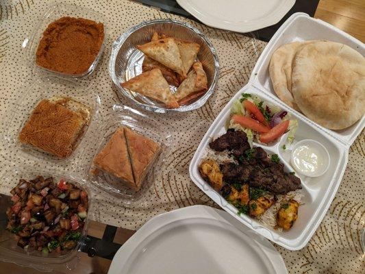 Beef sambusek, eggplant salad, muhammad, mixed grill kebab plate, baklava, knafeh