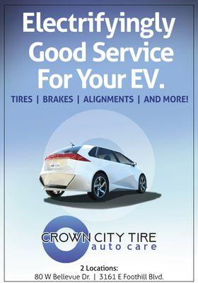 We work in EVs!  Tires, alignment, brakes, filters and more!