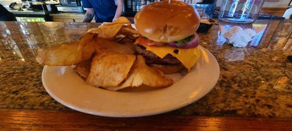 Burger with handmade chips