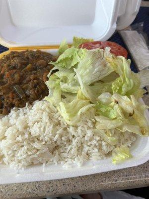 Legume, rice, bean sauce with salad