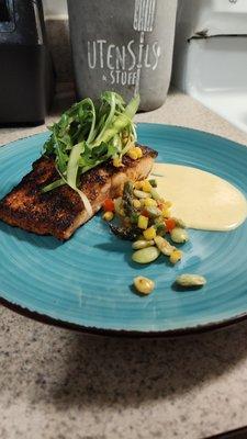 Blacken salmon with corn puree