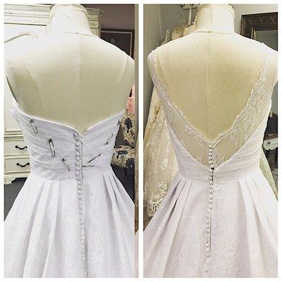 Before and after a gown restyle to change the back by lowering and adding lace detail.